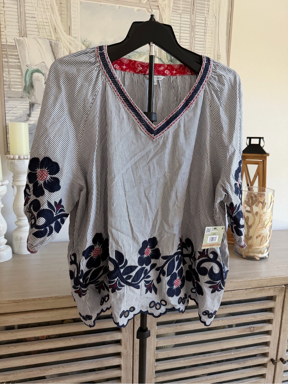 John Mark Navy and White Striped with Floral Embroidery